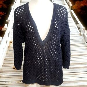 Ann Taylor Sweater Womens Black M Crochet Knit Chunky Casual Chic  Pullover Top